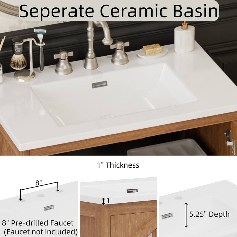 31" Vintage Bathroom Vanity with Ceramic Sink, with Bronze Pulls and Tempered Glass