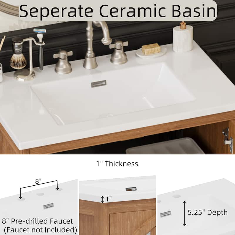 Roomfitters 31" Farmhouse Bathroom Vanity with Ceramic Sink, Rustic Cabinet with Bronze Pulls and Soft-Closing Doors