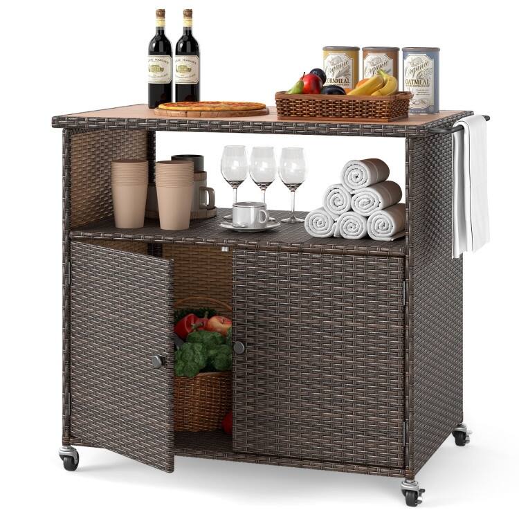 Mix Brown PE Rattan and Acacia Wood Outdoor Storage Cabinet with Wheels - 37.5" × 21" × 33.5"