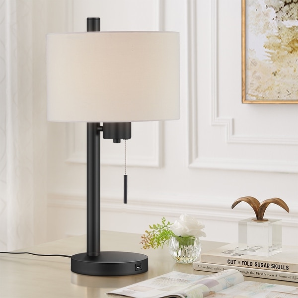 23 in Black Modern Table Lamp with USB Port and White Linen Shade 23 H On Sale Bed Bath Beyond 35436920