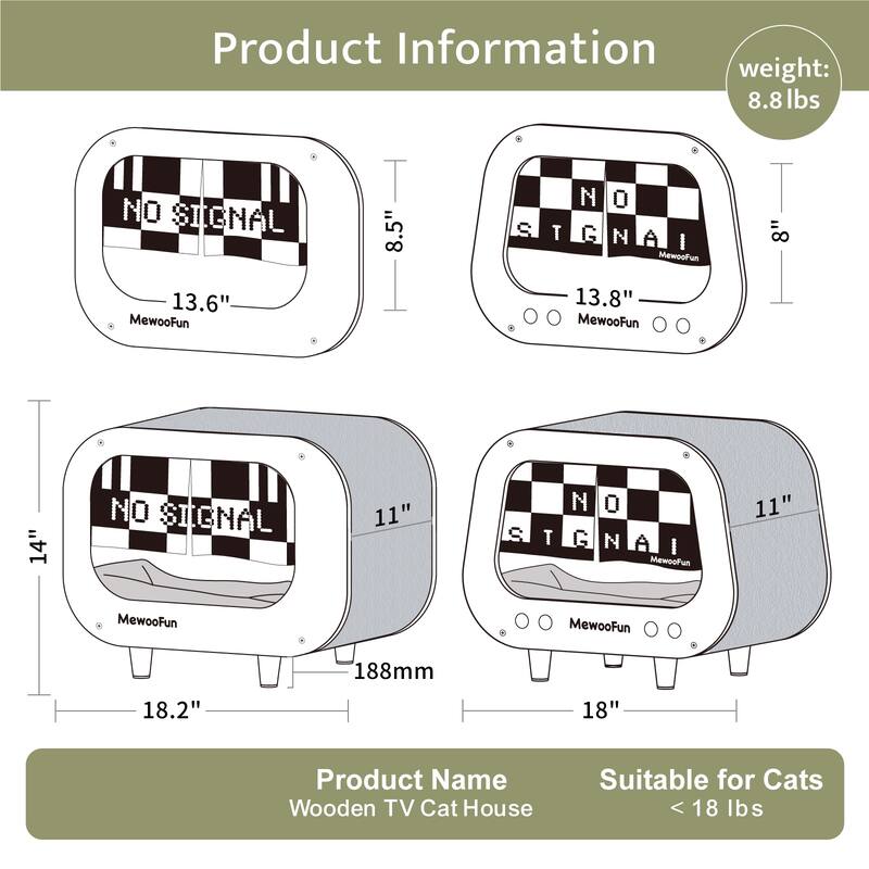 Wooden TV-Shaped Cat Bed, Cat House with Cushion