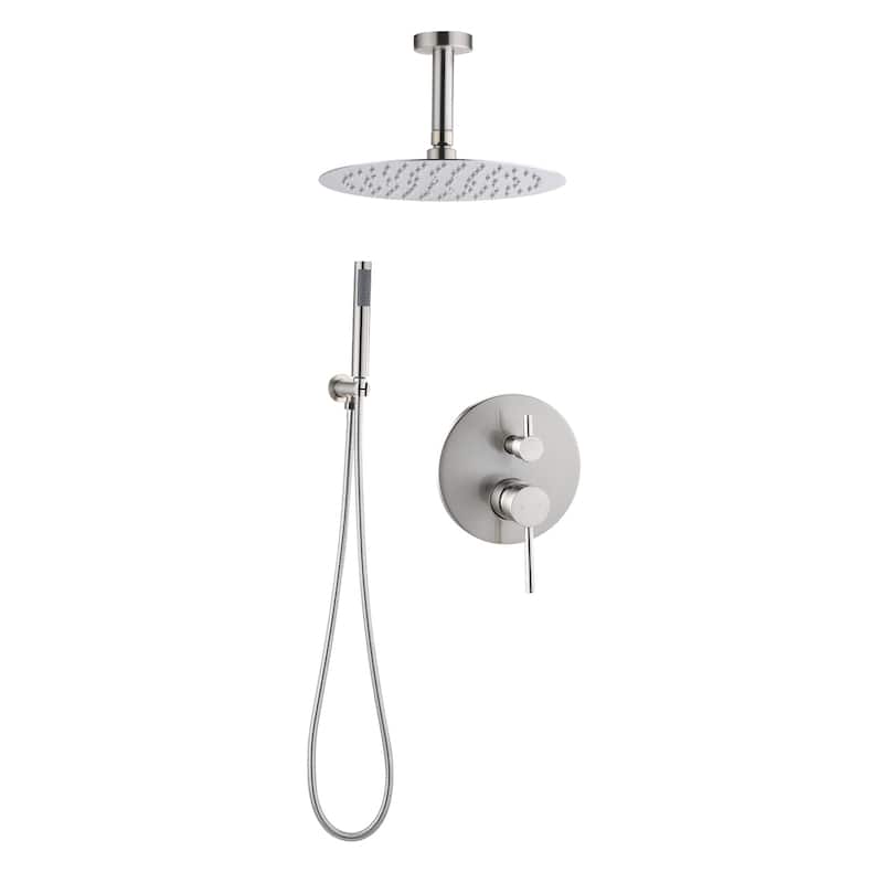 YASINU Ceiling Mount 10" Rain Round Shower Combo Set with Handheld Shower Head - Brushed Nickel