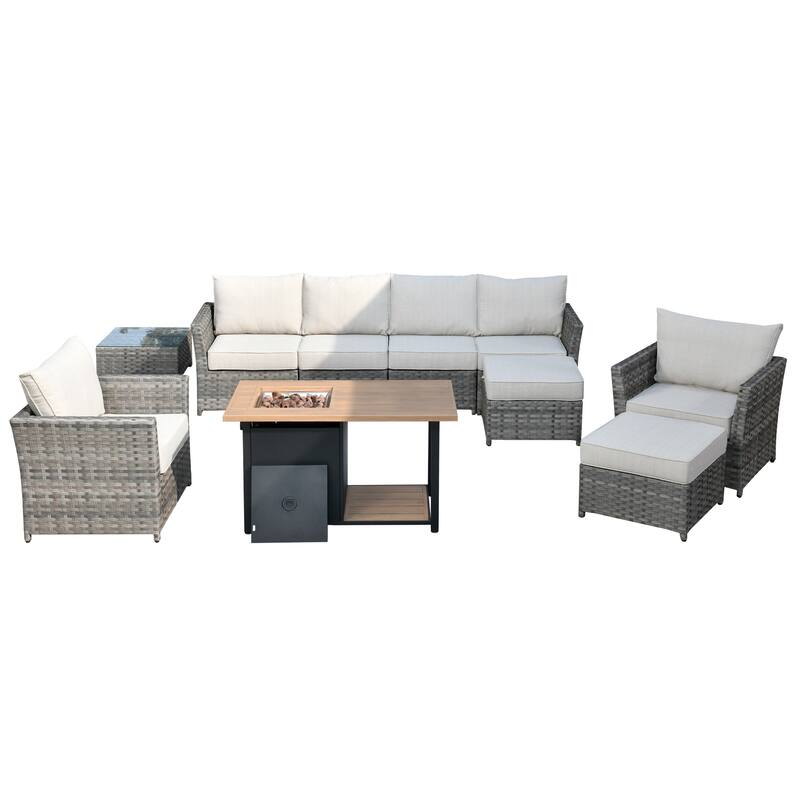 HOOOWOOO 10-piece Grey Wicker Patio Outdoor Furniture Set with Fire Pit