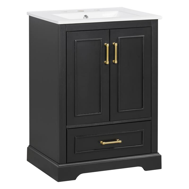 Bathroom Vanity with Ceramic Sink, Freestanding Bathroom Cabinet with Double Shelf, 1 Divided Drawer & 2 Soft Close Doors