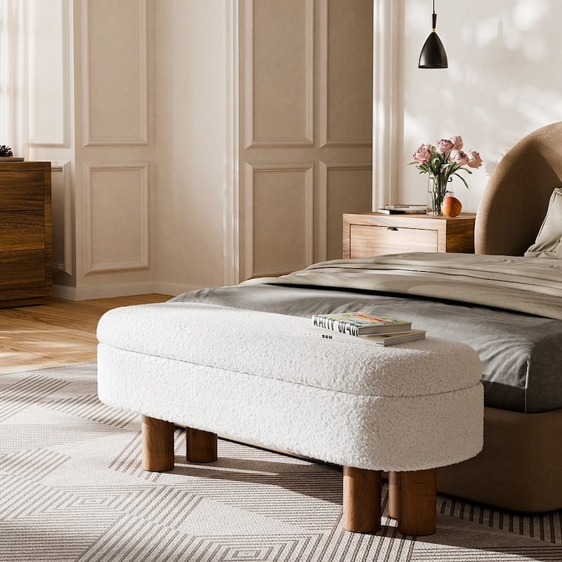 Upholstered Flip Top Storage Bench with Solid Wood Leg for Bedroom, Entryway and Living Room - Cream