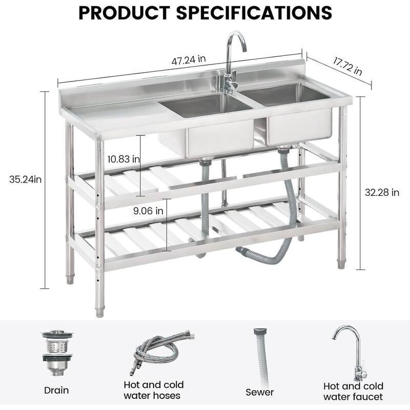 47" Freestanding Double Bowl Commercial Utility Sink with Hot & Cold Water Faucet