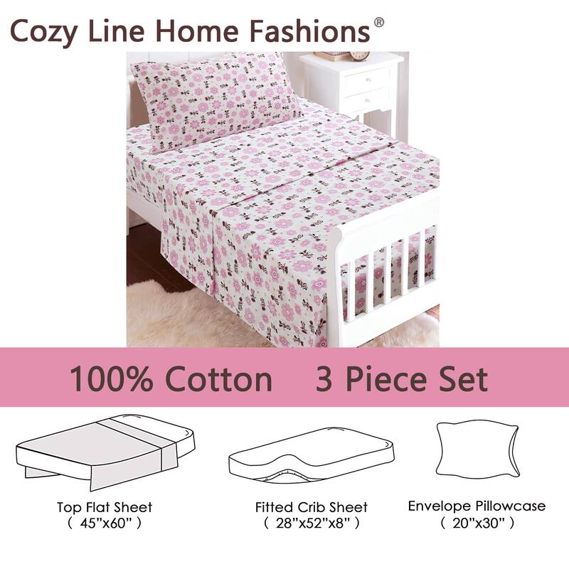 3-Piece Cotton Toddler Sheet Set for Kids Boys & Girls (Animals, Fish, Sports, Floral)