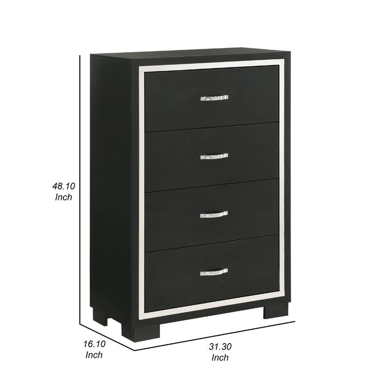 Geny Tall Dresser Chest, 4 Drawers, Silver Trim and Metal Handles, Black