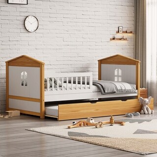 White+Walnut Twin Size Wood House Shape Bed with Trundle Wooden Bed for Girls Boys Teens