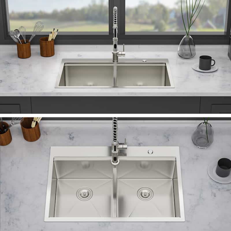 Drop-in Double Bowl 16 Gauge Stainless Steel Kitchen Sink in Brushed Nickel
