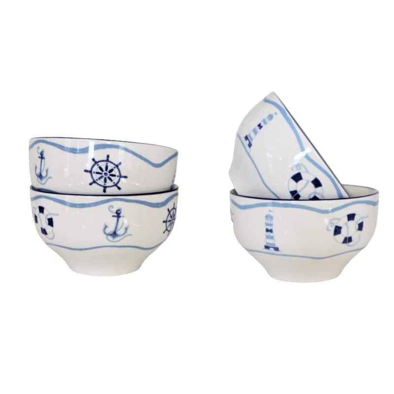 Euro Ceramica Ahoy Collection Blue/White Ceramic 12 Piece Nautical Dessert Set