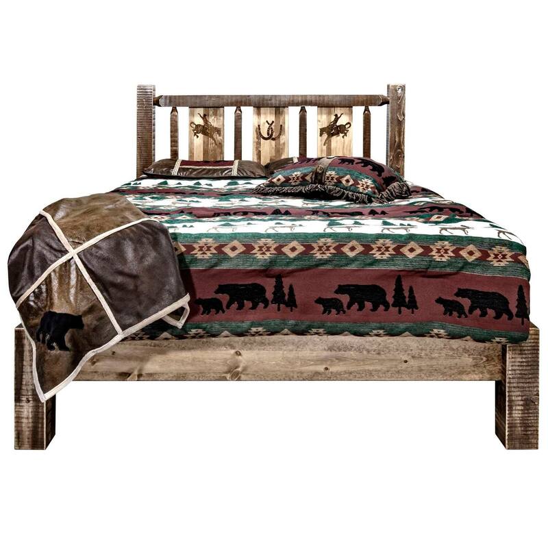 Rustic Platform Bed - Bronc Design - Laser Engraved Wood - Bedroom Furniture