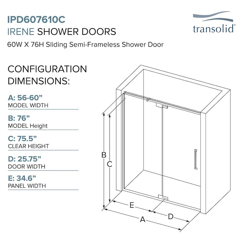 Transolid IPD607610C-R 76" High x 60" Wide Pivot Semi Frameless Shower