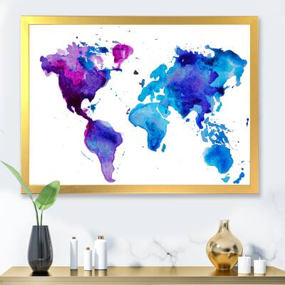 Designart 'Purple and Blue Map of The World' Modern Framed Art Print