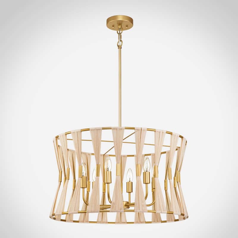 6-Light 23.6" Farmhouse Boho Hand-Woven Ivory Rope Tapered Fabric Drum Chandelier