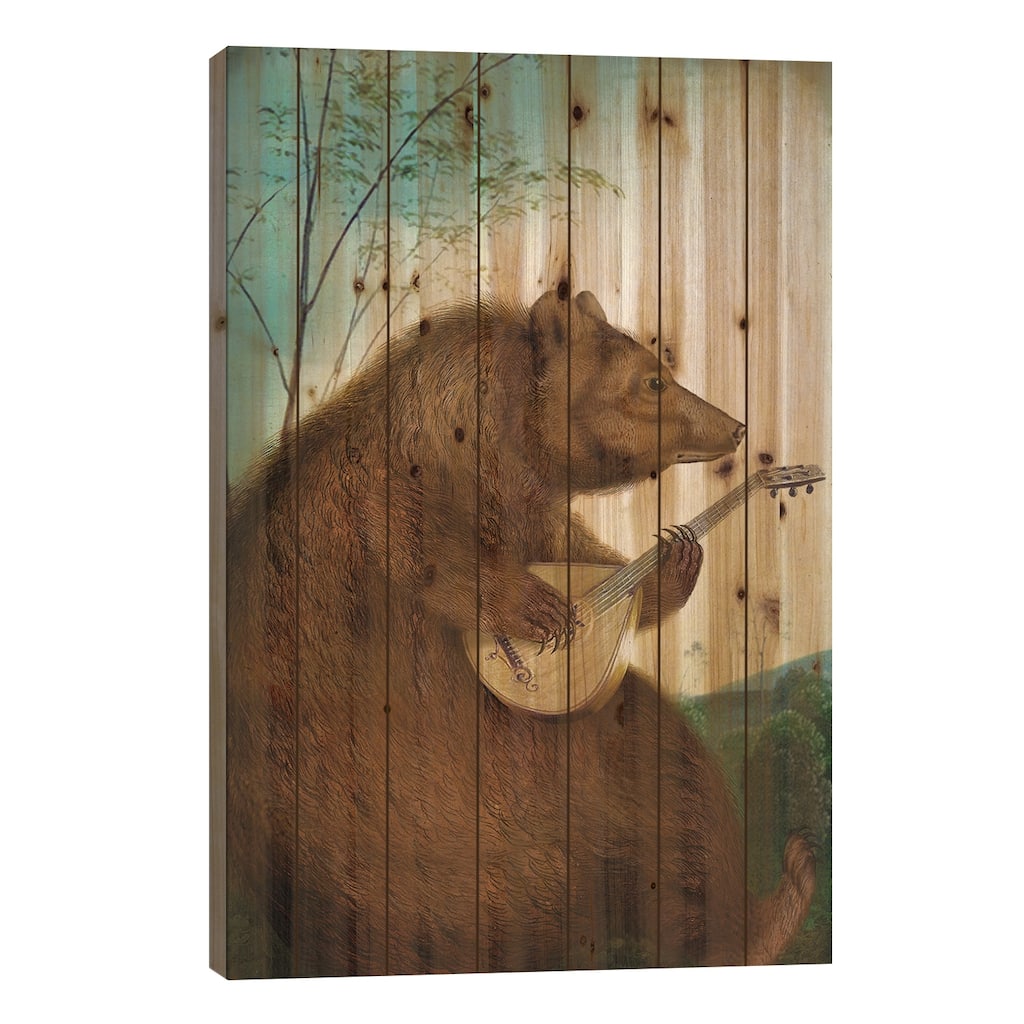 Mandolin Bear Print On Wood by Catrin Welz-Stein - Multi-Color