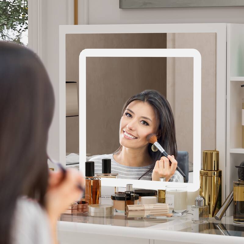 Glass Top Vanity Set with Sliding Mirror and LED Lights Dressing Table - 39.4"W