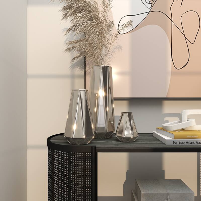 Gold, Silver or Gray Ceramic Geometric Vase (Set of 3) - S/3 7", 11", 15"H