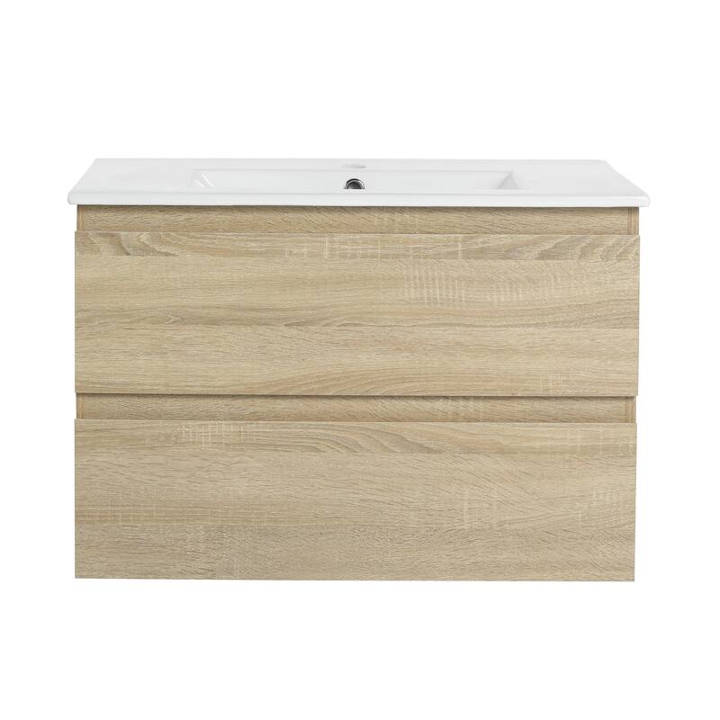 Wood Grain Design Bathroom Vanity with Ceramic Basin, Soft-Close Drawers, and Eco-Friendly Plywood Base - 30in L Plywood