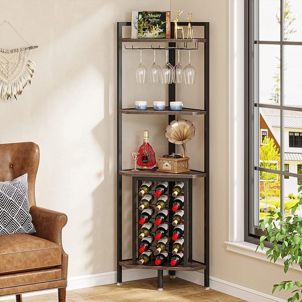 Tribesigns Industrial Corner Wine Rack with Glass Holder and Storage
