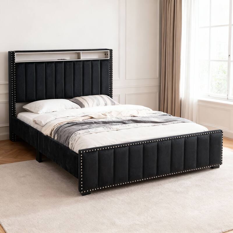 Modern Black Solid Wood Bed Frame with Open Compartments - Queen