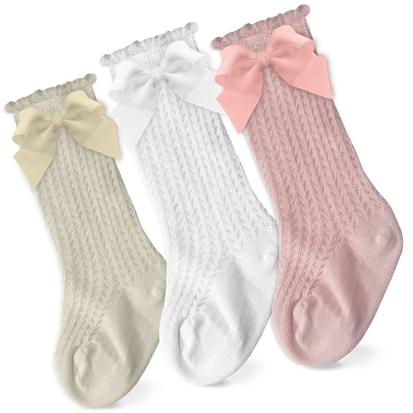slide 2 of 7, CozyWay Newborn Knee High Bow Socks, Mesh White Pink Cream, 3 pair