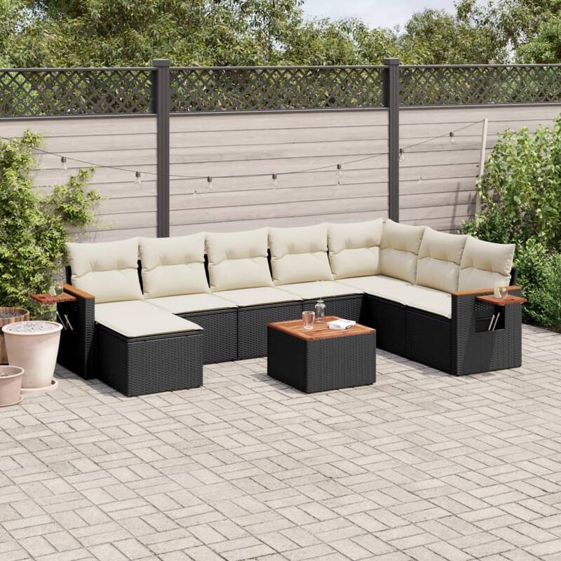 vidaXL Patio Sofa Set with Cushions Outdoor Conversation Furniture Poly Rattan - 21.7 x 21.7 x 14.6 in - Black and cream with table