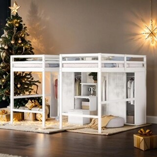 Impression & Beautiful Double Twin Loft Beds with Wardrobes and Staircase, Sturdy construction & Playhouse Inspired, White