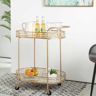Silver Orchid Marsh Oval Mirrored Glass Top New Bar Cart with wheels