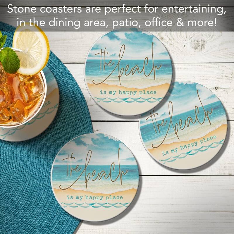 CounterArt My Happy Place Absorbent Stone Tumbled Tile Coaster Set of 4 Made in The USA Protective Cork Backing