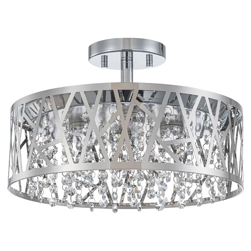 LED Semi-Flush Mount Ceiling Light Metal Carved Shade Crystal Accents - Dia.13.78-in