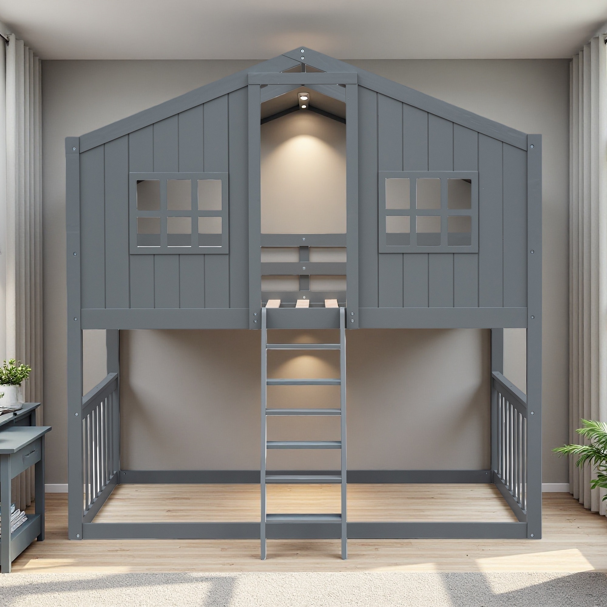 Twin over Twin Wood House Bunk Bed with Ladder & Roof Design