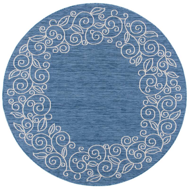 SAFAVIEH Courtyard Bobbye Scroll Indoor/ Outdoor Waterproof Patio Backyard Rug - 7'1 x 7'1 Round - Blue/Beige