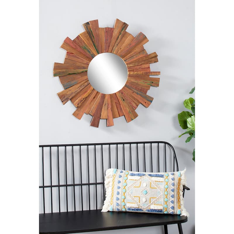 Large Eclectic Brown Reclaimed Wood Round Wall Mirror, 35.5"