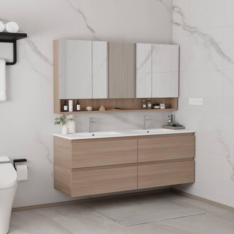 CB HOME 24''/30''/36''/48''/60'' Wall Mounted Bathroom Vanity with Sink, OAK Floating Bathroom Vanity Cabinet with Sink,Drawers.