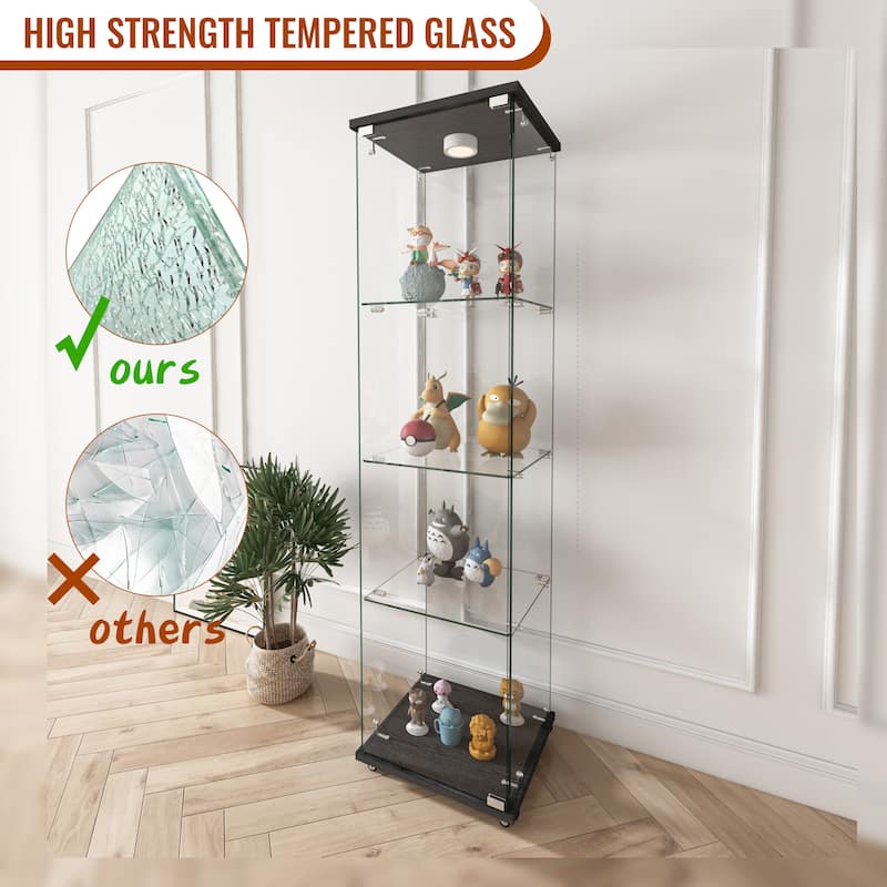 Glass Display Cabinet with Doors & Locks, Acrylic Shelves, Floor Standing Storage Showcase for Home or Office