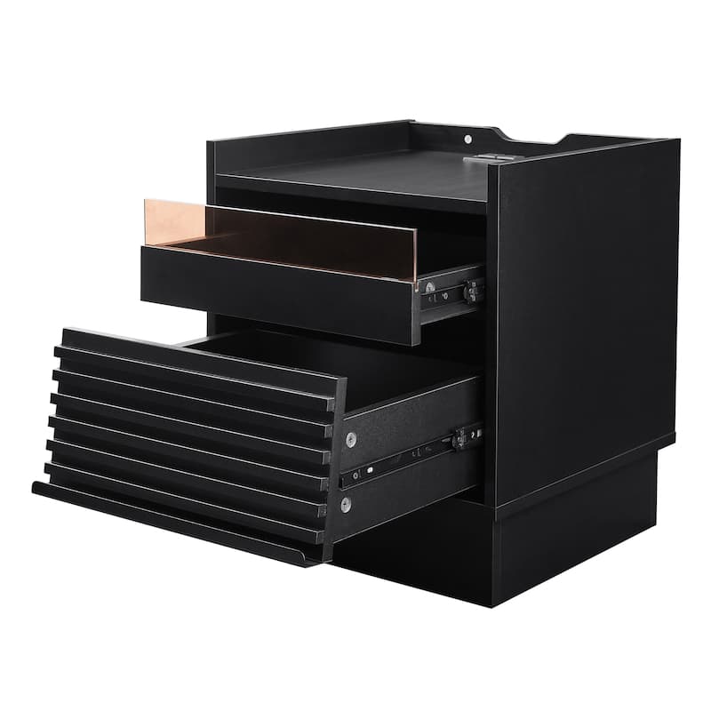 LED Nightstand with Charging Station, Sofa Side Table with 2 Drawers & Extended Bookshelf, Multi-functiona Entryway Table