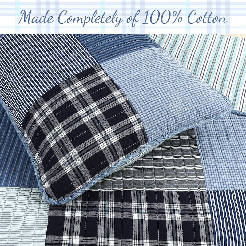 Cozy Line Navy Klein Blue Plaid Stripe Tartan Patchwork Cotton Reversible Quilt Bedding Set