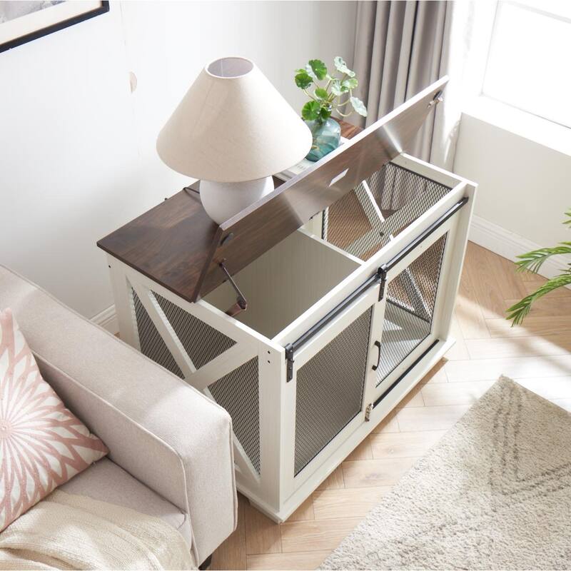 Dog Cage Crate Furniture with Sliding Barn Door, Dog Kennel End Table with Flip-top Plate Dog House with Detachable Divider