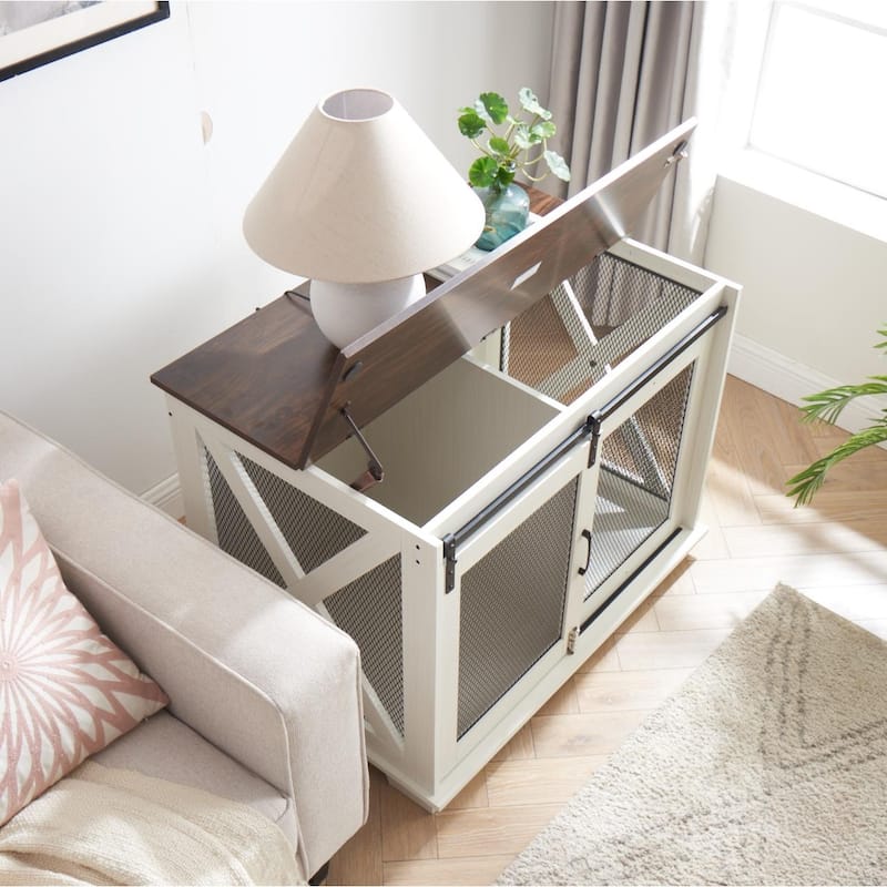 Farmhouse Dog Cage Crate Furniture with Sliding Barn Door, Farmhouse Wooden Dog Kennel End Table with Flip-top Plate