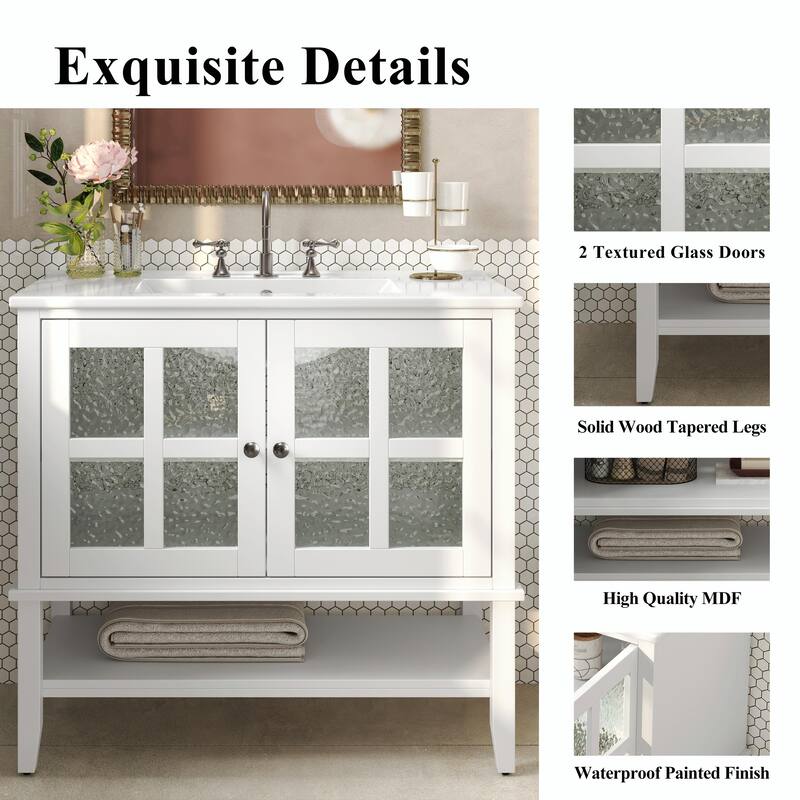 36" Bathroom Vanity with Ceramic Sink, Adjustable Shelf and Open Shelf, Solid Wood Legs, Waterproof Painted Finish