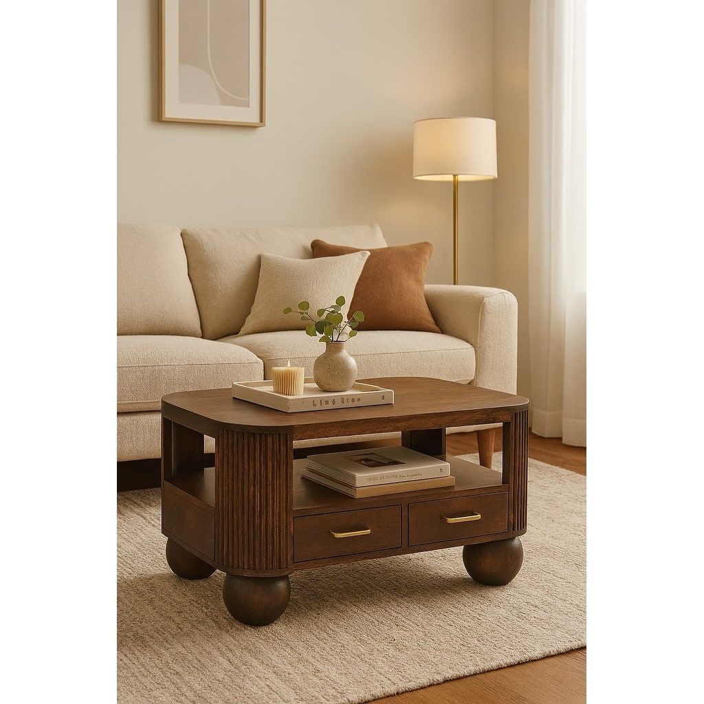 Artisan Furniture Solid Wood Sphere Leg Coffee Table, Brown, 2-Drawers