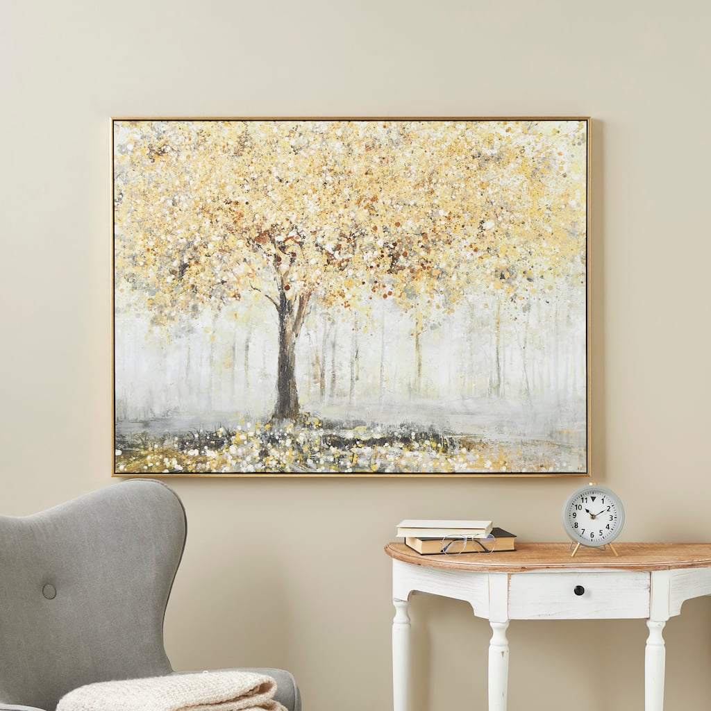 Gold Canvas Paint Splatter Forest Landscape Framed Wall Art