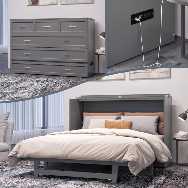 AFI Northfield Murphy Bed Chest with 6" Mattress, Storage Drawer & Built-In Charger - Grey - Queen
