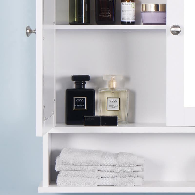 Bathroom medicine cabinet with mirror, double mirror door and living room adjustable shelf, white