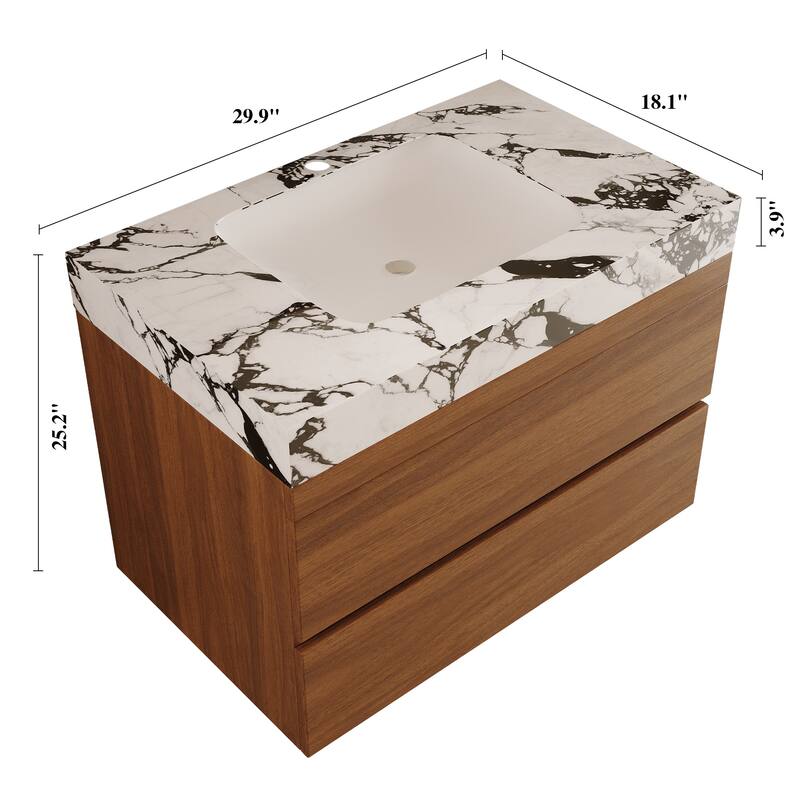 29.9" Modern Floating Bathroom Vanity - Faux Marble Top with Ceramic Undermount Sink, Wall-Mounted for Small Bathrooms