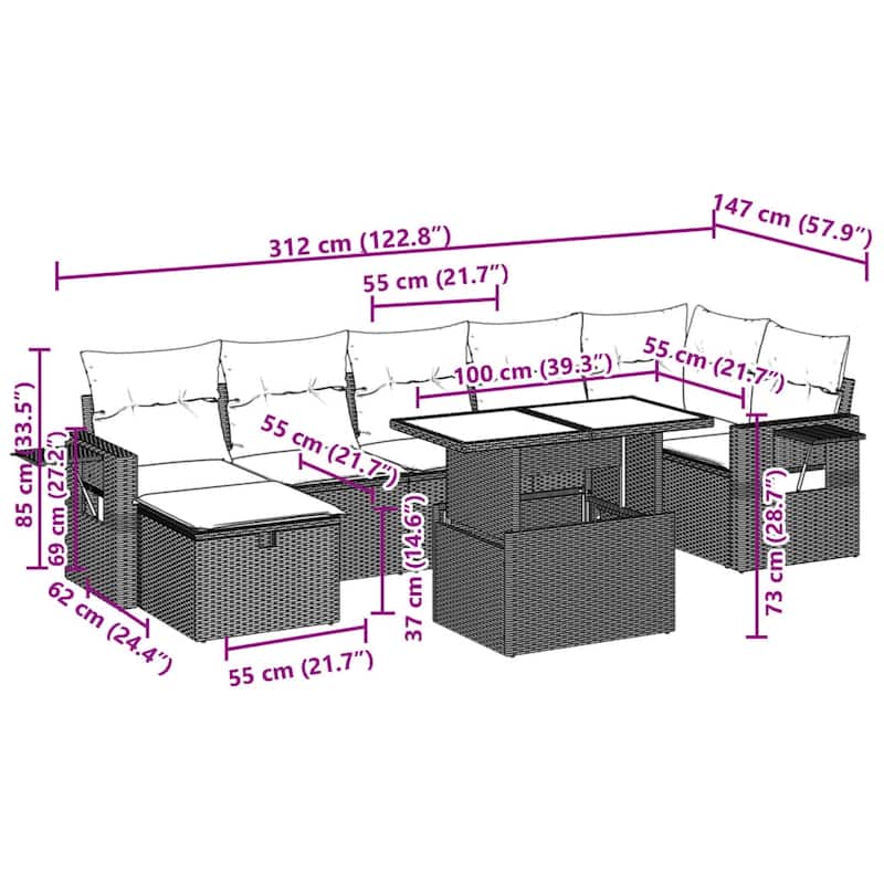 vidaXL Patio Sofa Set with Cushions Outdoor Furniture 8 Piece Poly Rattan - 21.7 x 39.4 x 28.7 in