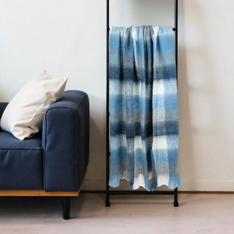 HomeRoots 52" X 67" Gray Ivory and Blue Woven Wool Blend Plaid Throw Blanket with Fringe - Throw - Gray Ivory and Blue