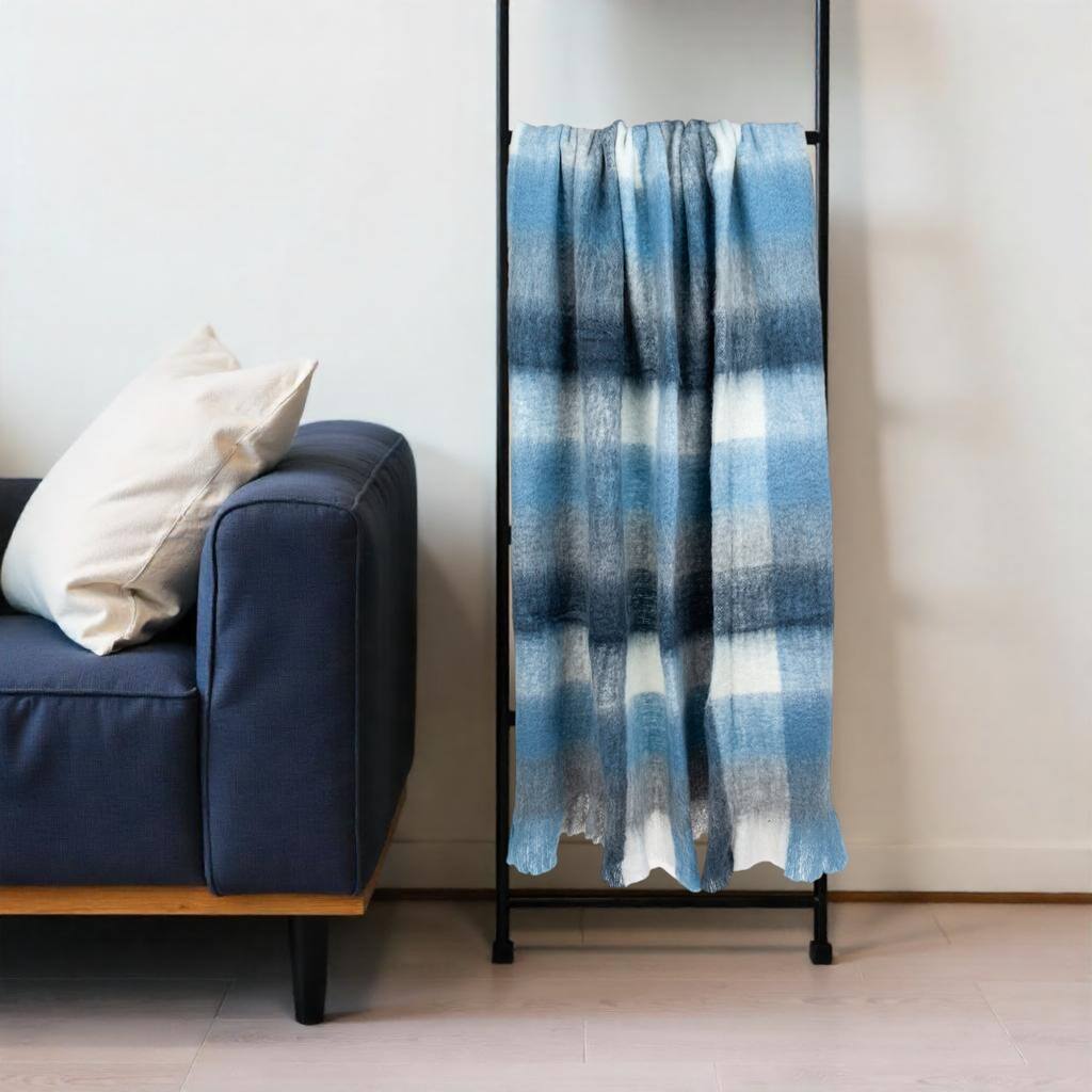 HomeRoots 52" X 67" Gray Ivory and Blue Woven Wool Blend Plaid Throw Blanket with Fringe