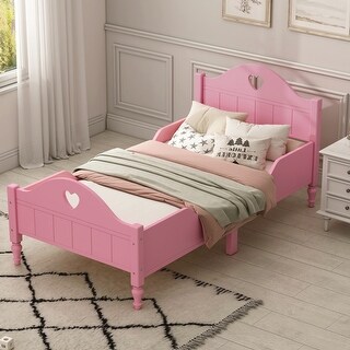Light Pink Solid Wood Macaron Twin Toddler Platform Bed, Safety Rails, Kid-Friendly Height
